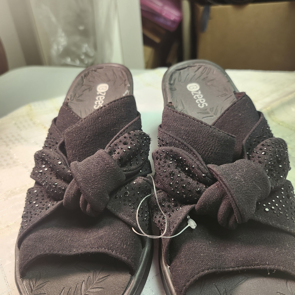Bzees Black Knotted Slip-On Sandals with Rhinestone Detail